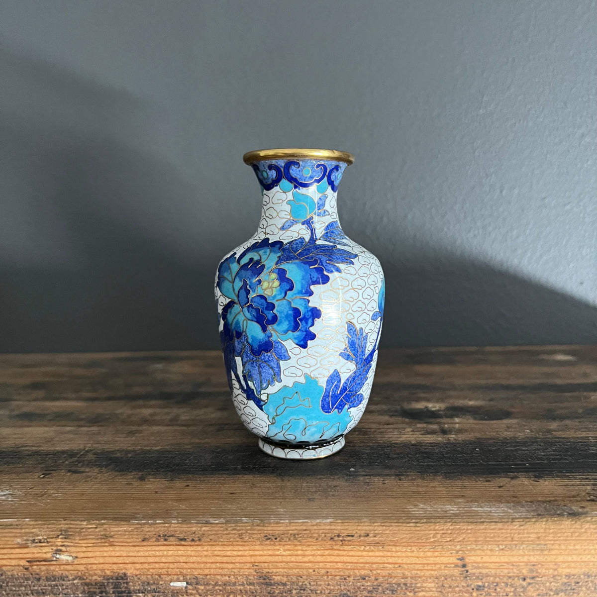 Vintage Cloisonné Vase Blue and White Florals and Bird