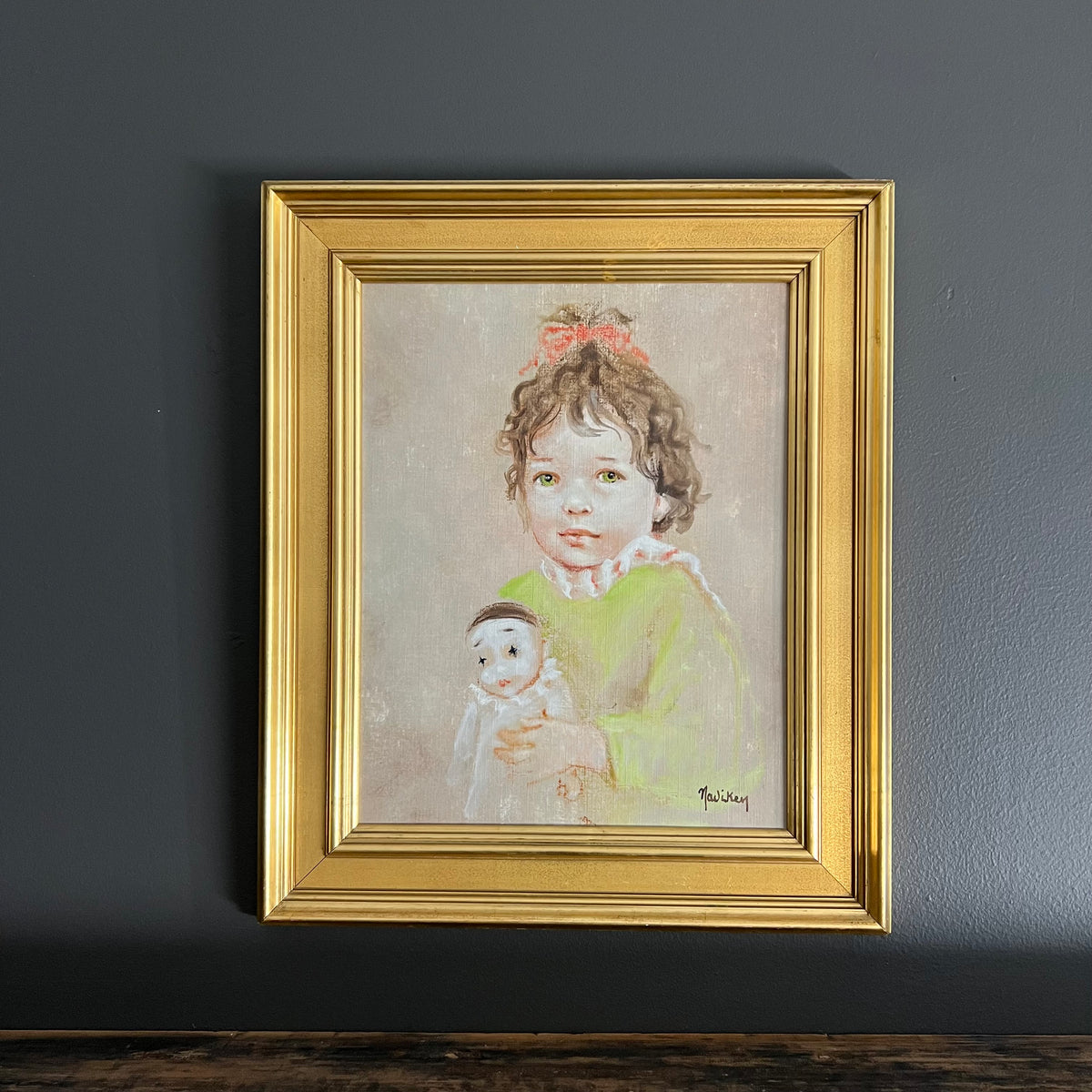Vintage Original Painting Portrait Girl with her Pierrot Doll