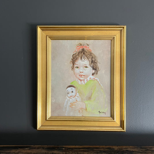 Vintage Original Painting Portrait Girl with her Pierrot Doll