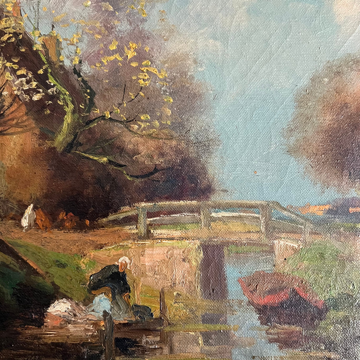 Vintage Original Oil Painting Landscape Farmhouse with Stream Dutch