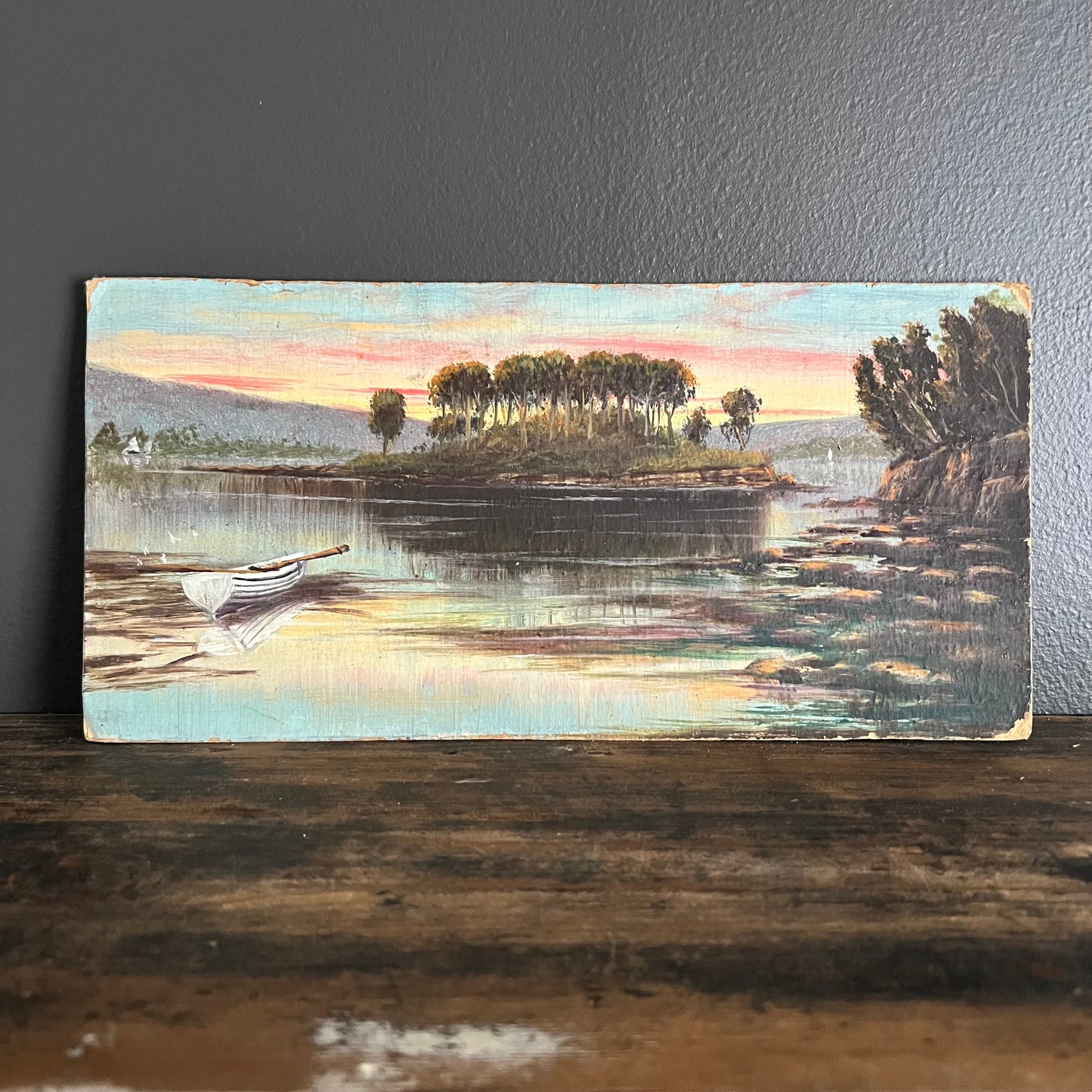 Vintage Oil Painting Landscape River Scene at Sunset