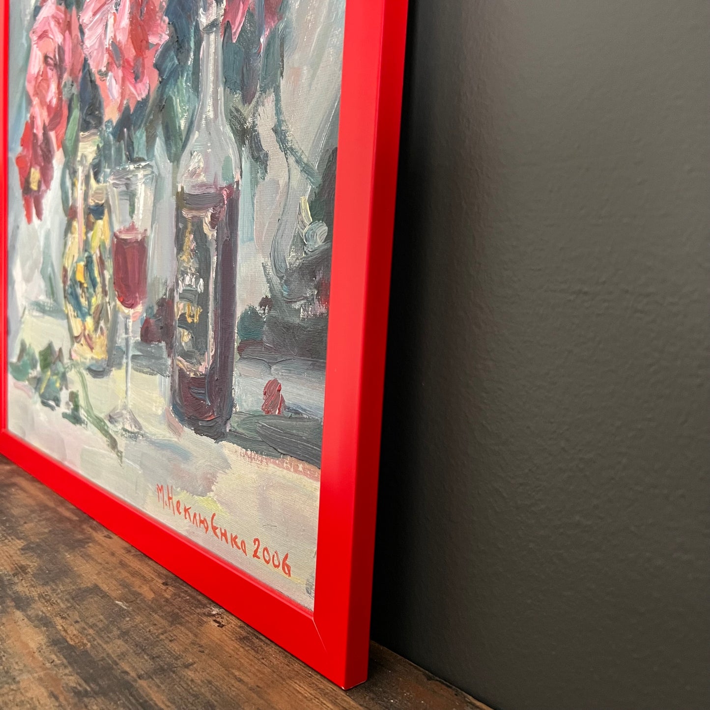 Vintage Painting Still Life Dahlia Flowers and Wine Bottle with Glass