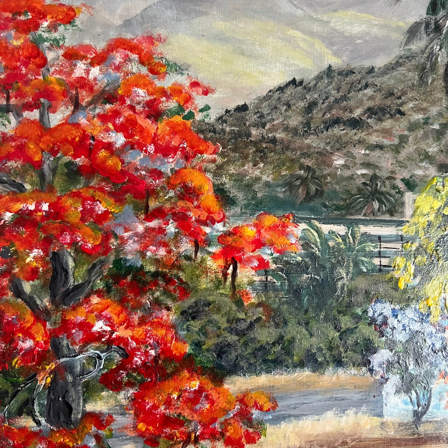 ON SALE was $95 Vintage Painting Tropical Landscape Mid Century Village and Trees