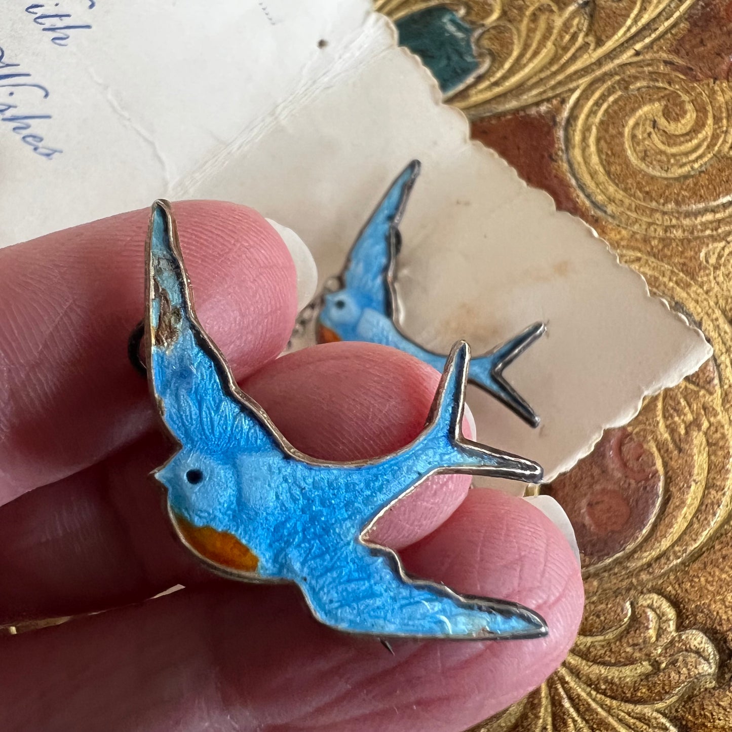 Antique Silver Enamel Blue Birds of Happiness Duo Brooch Original Card & Box