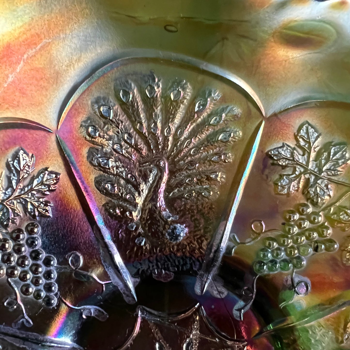 Vintage Fenton Carnival Glass Bowl Grapes & Peacocks