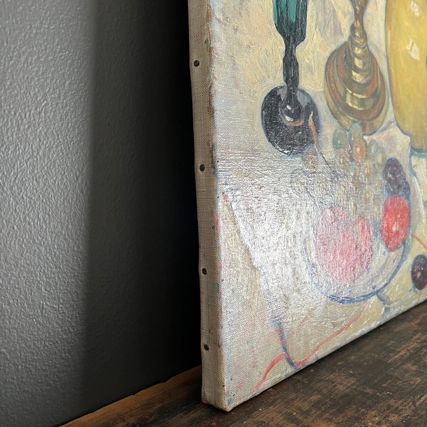 Vintage Painting Still Life Candlestick, Glass and Tomato