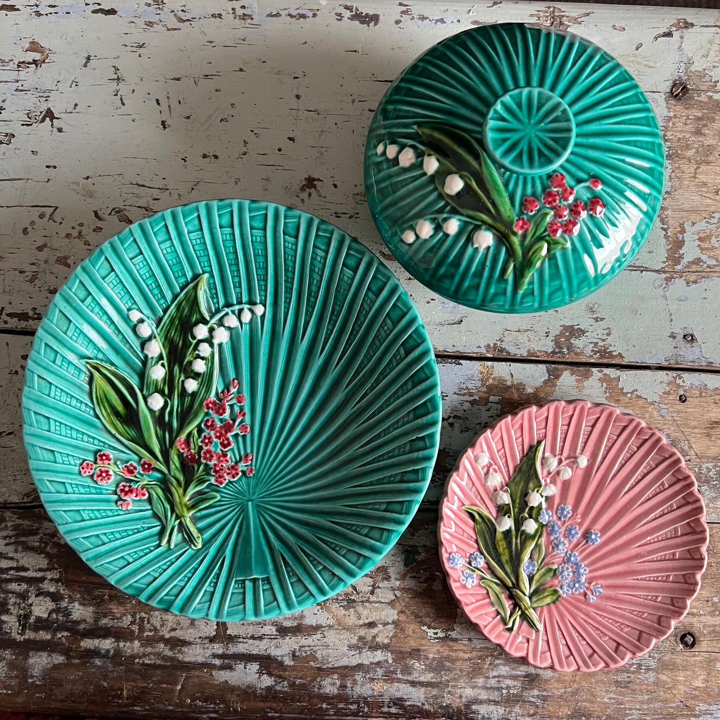 Vintage Majolica Green Covered Dish with Hand painted Lily of the Valley by Marie Louise Germany