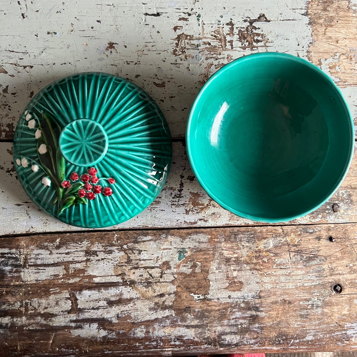 Vintage Majolica Green Covered Dish with Hand painted Lily of the Valley by Marie Louise Germany