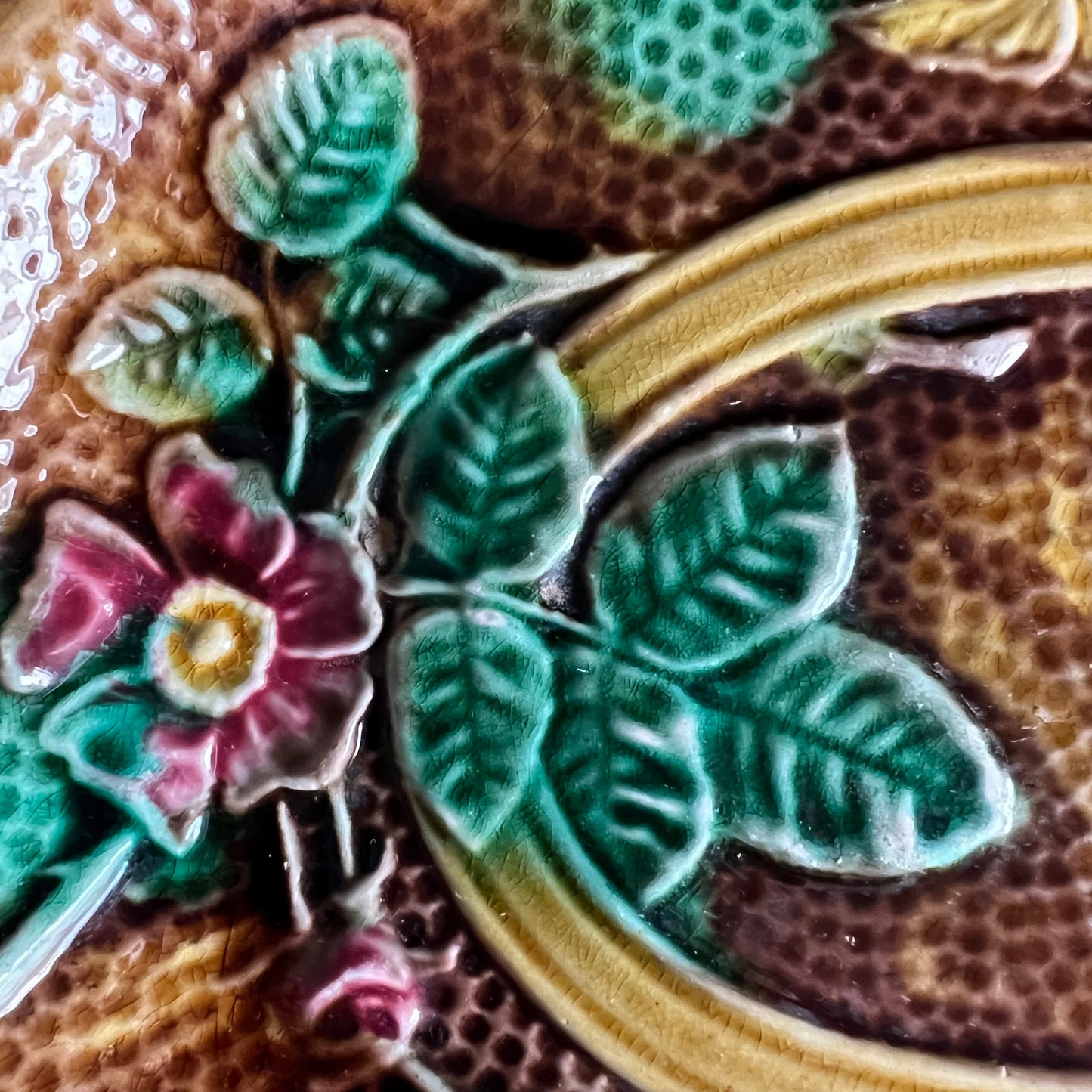 Rare Antique Majolica Bread Plate Dish Waste Not Want Not