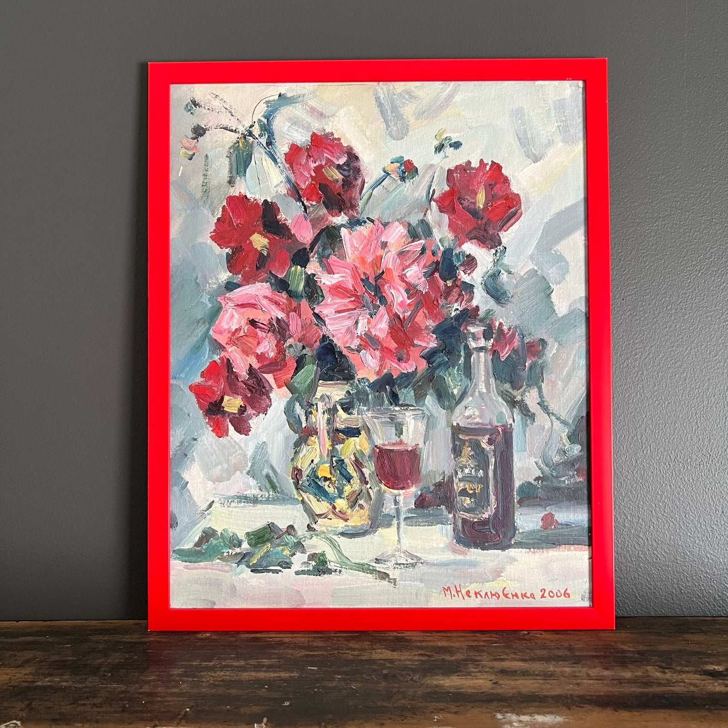 Vintage Painting Still Life Dahlia Flowers and Wine Bottle with Glass
