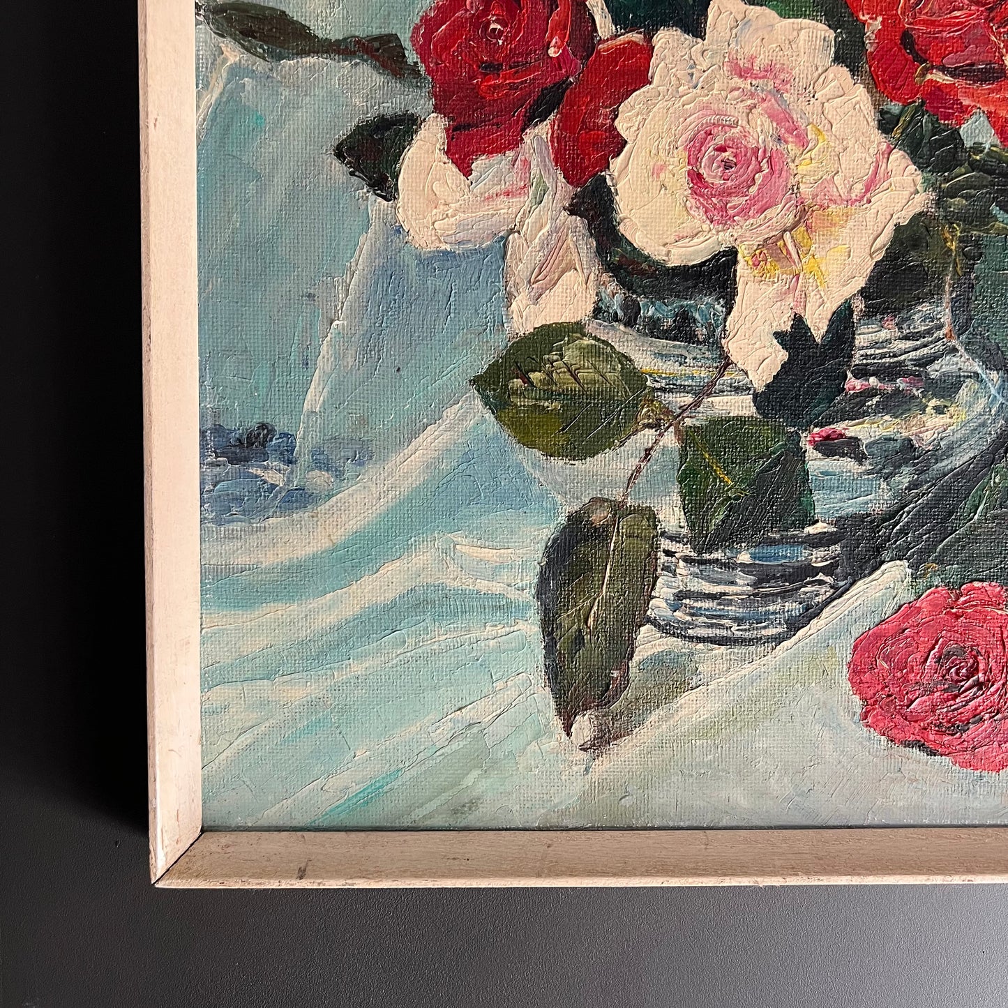 ON SALE was $299 Vintage Oil Painting Still Life Mid Century Roses in Vase