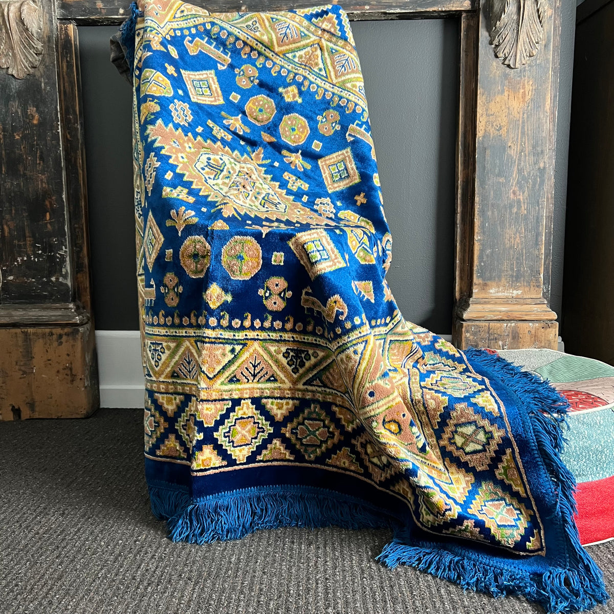 Vintage Velveteen Pattern Throw with Fringe Blue