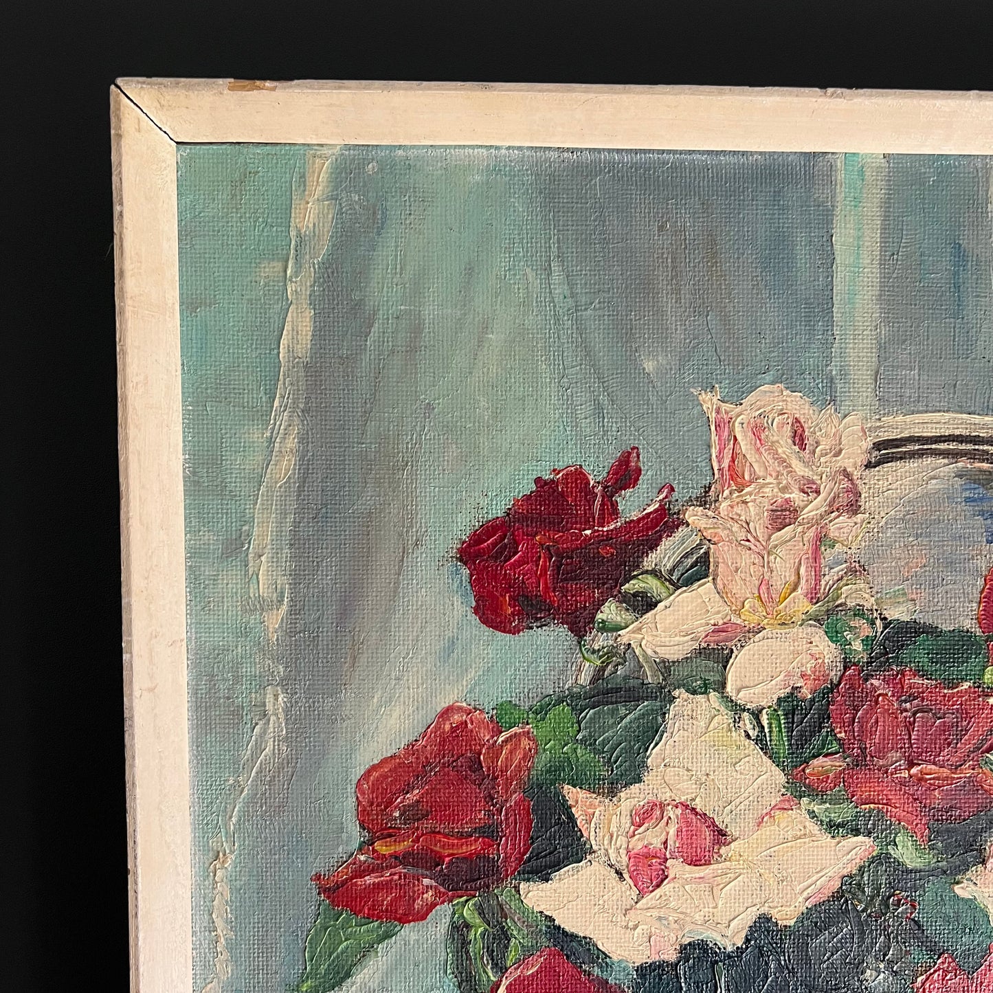 ON SALE was $299 Vintage Oil Painting Still Life Mid Century Roses in Vase