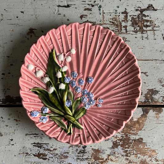 Vintage Majolica Plate Pink with Hand Painted Lily of the Valley by Marie Louise Germany