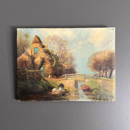 Vintage Original Oil Painting Landscape Farmhouse with Stream Dutch