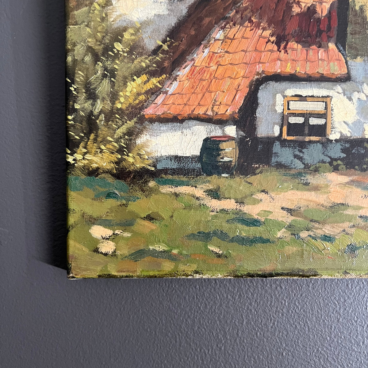 Vintage Original Oil Painting Landscape Cottage with Chickens Dutch