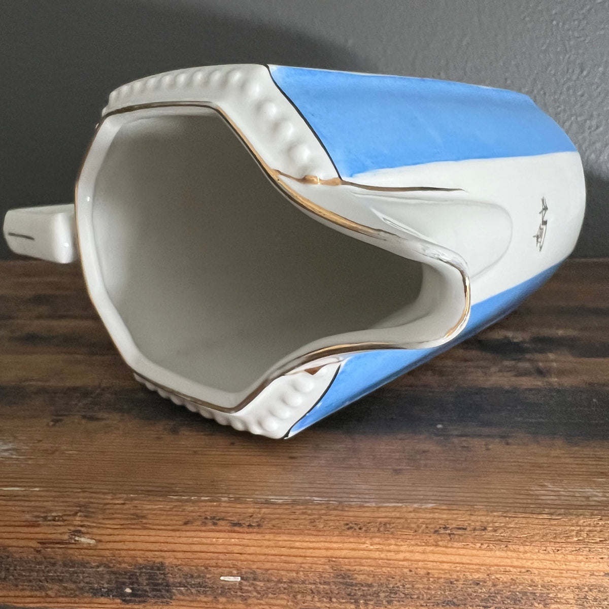 Vintage Floral Basket and Blue Stripe Porcelain Jug Pitcher Bavaria