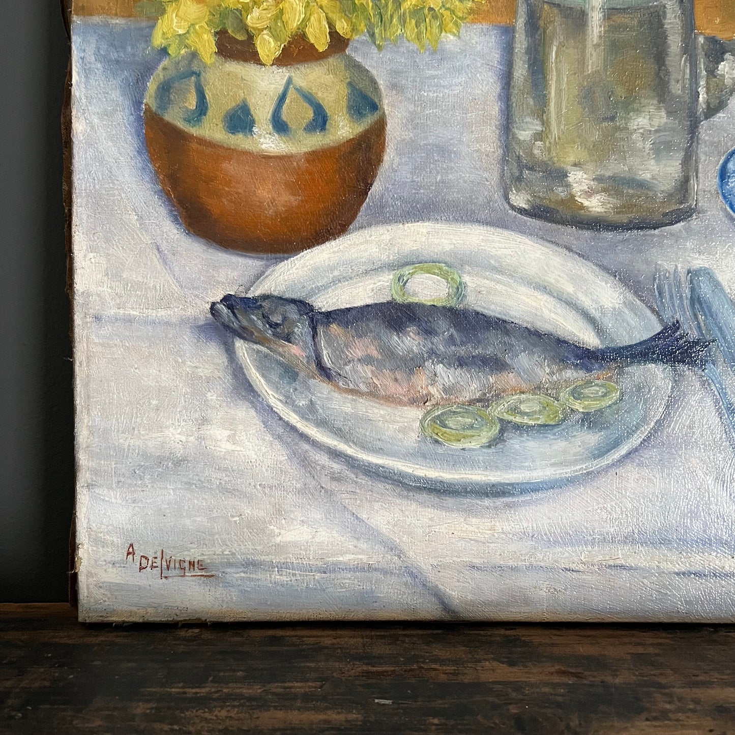 Antique Oil Painting Still Life Tabletop Scene with Fish Dinner France