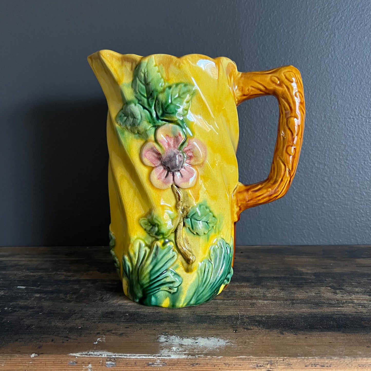 Vintage Majolica Style Pottery Jug Flowers & Leaves