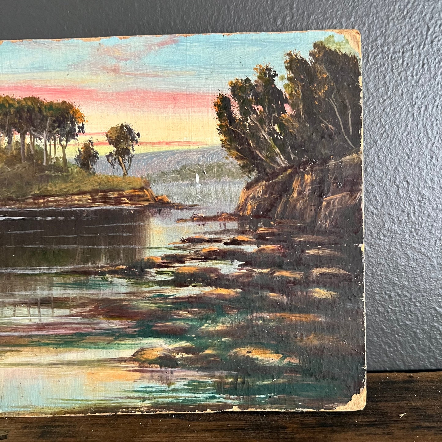 Vintage Oil Painting Landscape River Scene at Sunset