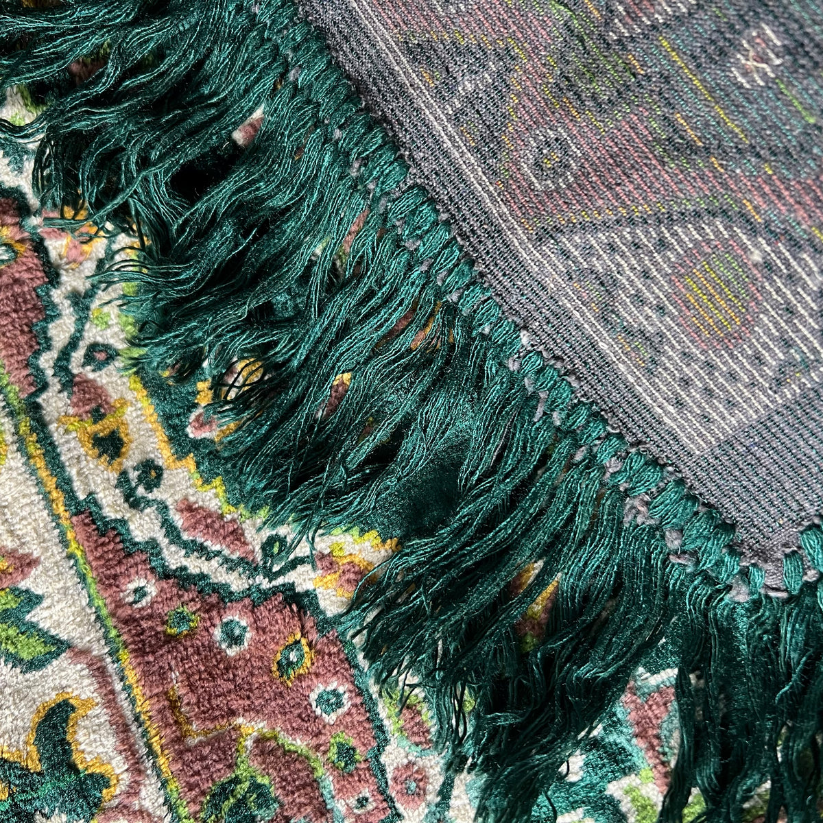 Vintage Velveteen Pattern Throw with Fringe Green