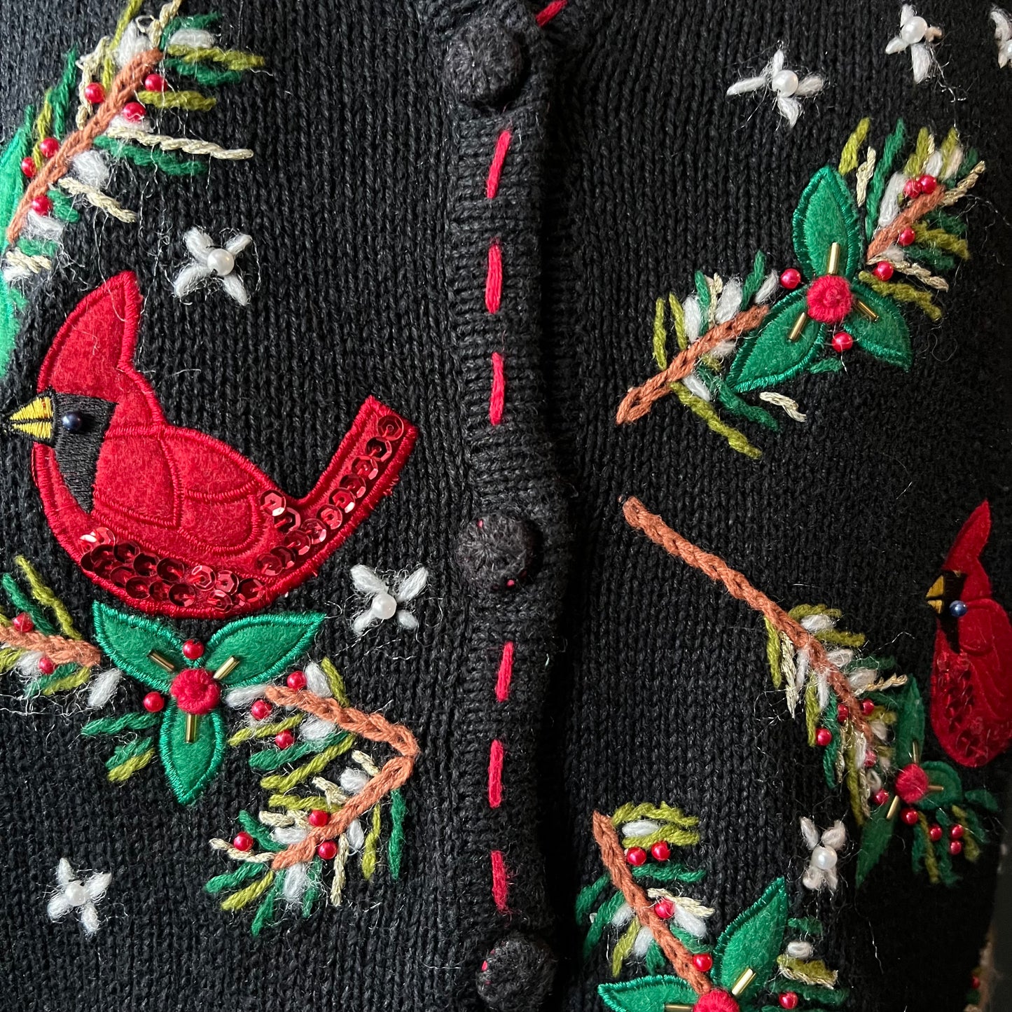 Vintage Boston Gallery Embroidered Cotton Vest with Red Cardinal Birds