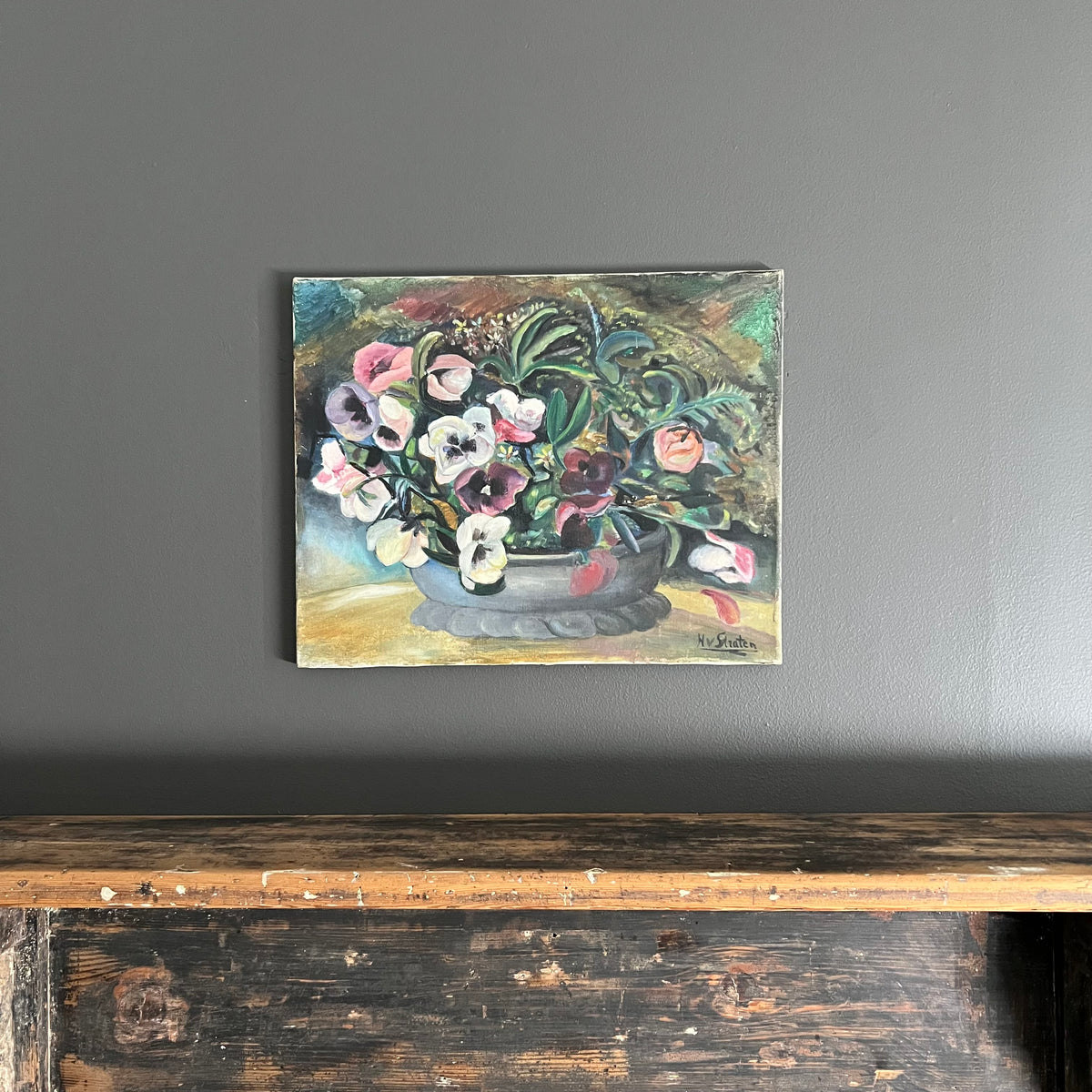Original Vintage Painting Still Life Floral Pansy Flowers in Bowl