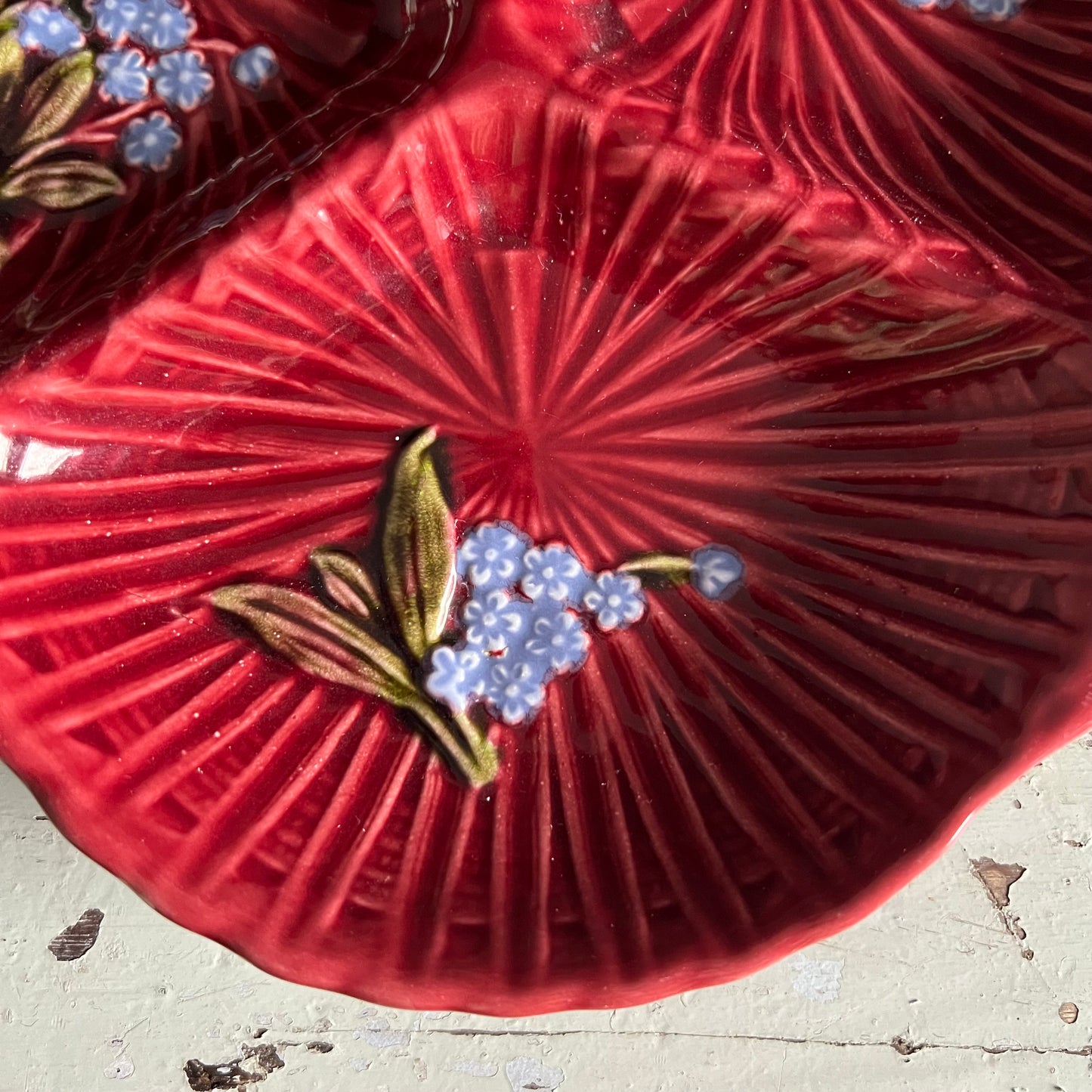 Vintage Burgundy Majolica Dish Hand Painted Lily of the Valley Germany