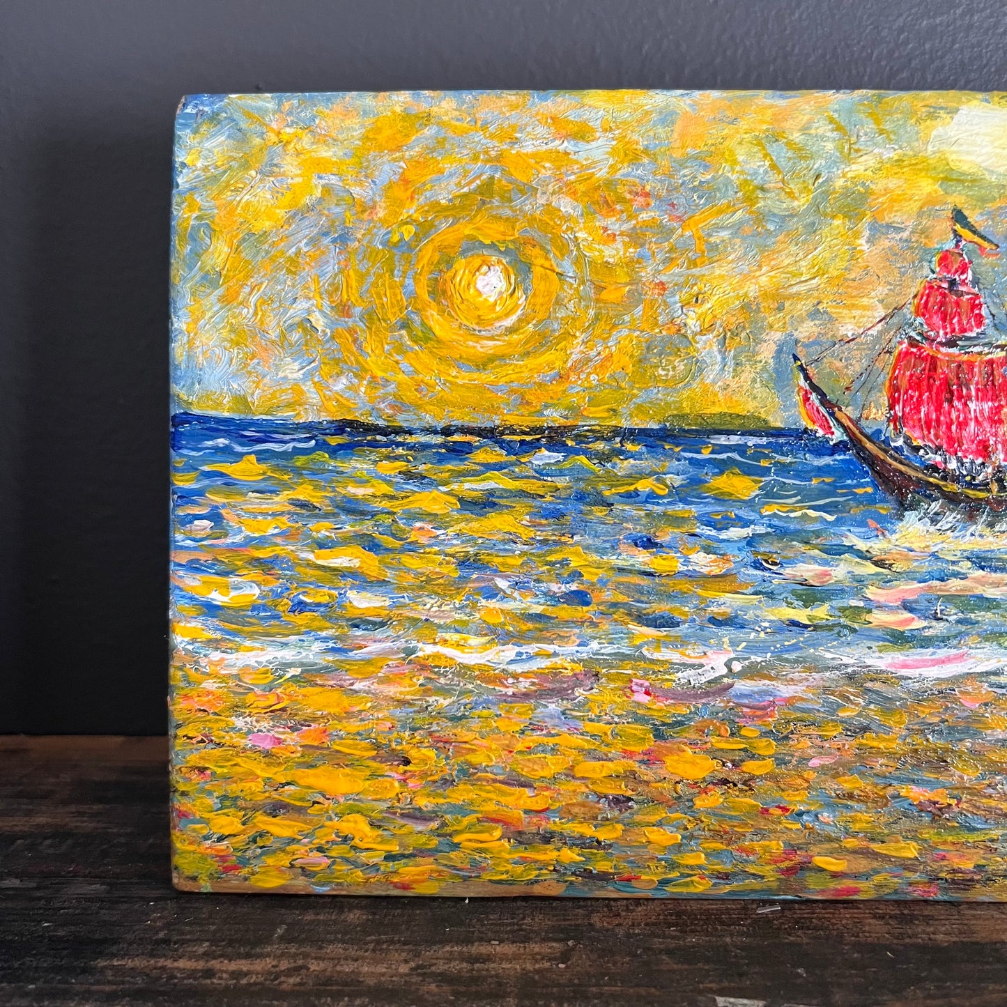 Vintage Painting Impressionist Seascape Sailboat in the Sunshine
