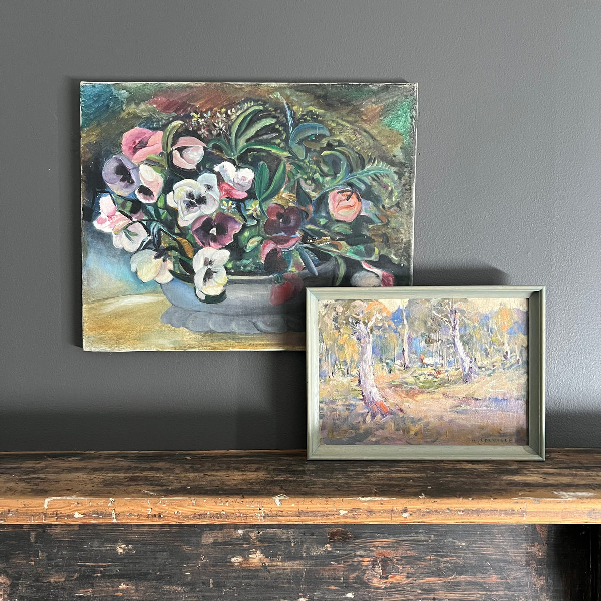 Original Vintage Painting Still Life Floral Pansy Flowers in Bowl