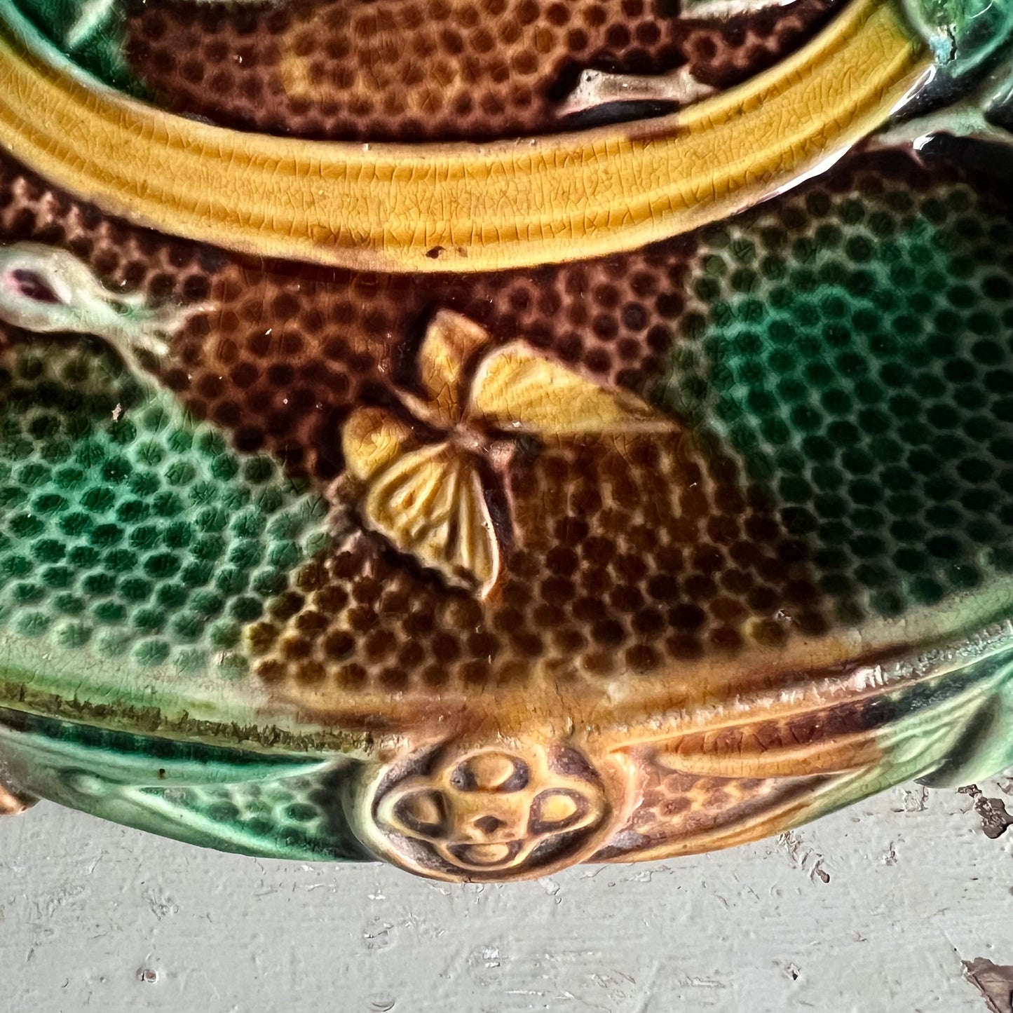 Rare Antique Majolica Bread Plate Dish Waste Not Want Not