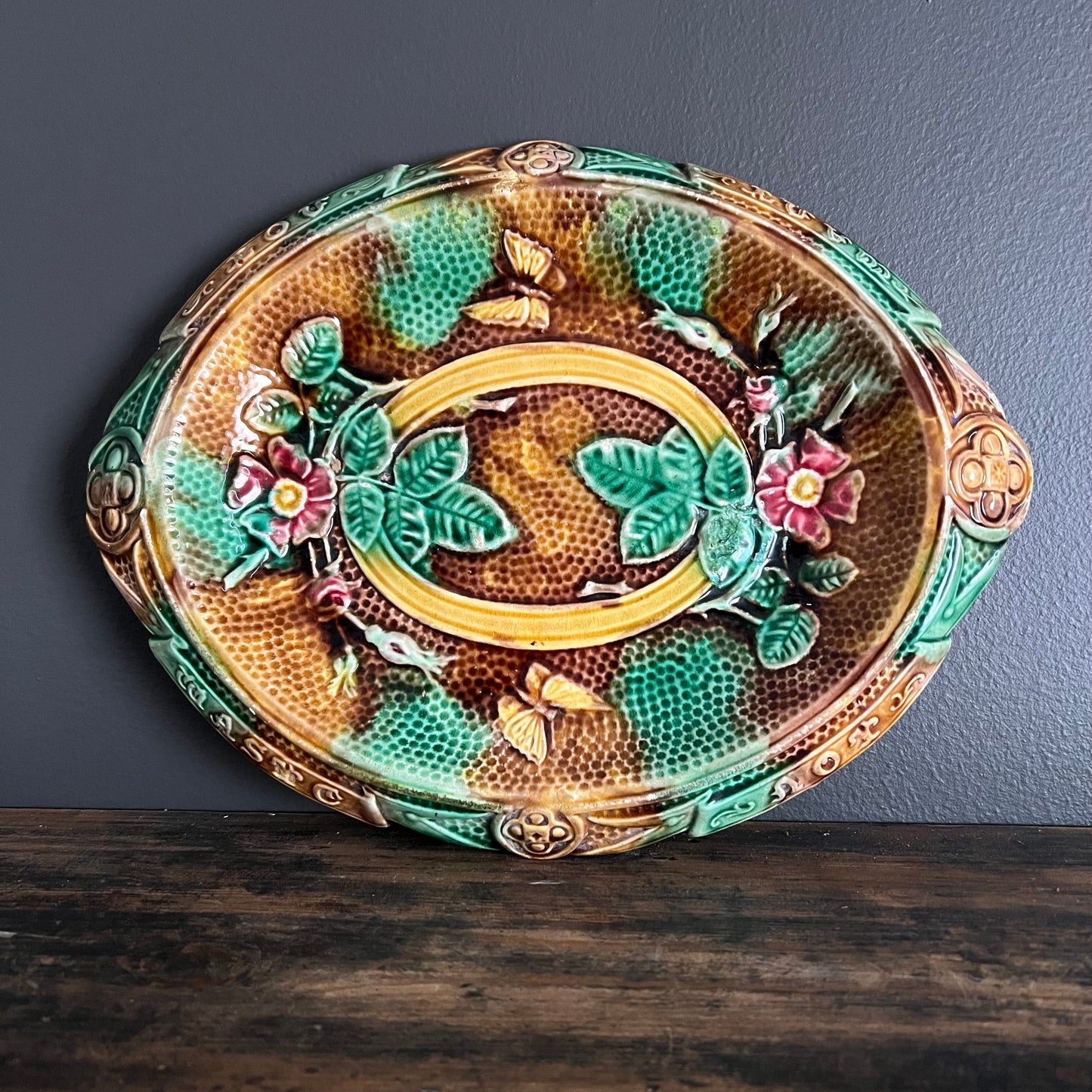 Rare Antique Majolica Bread Plate Dish Waste Not Want Not