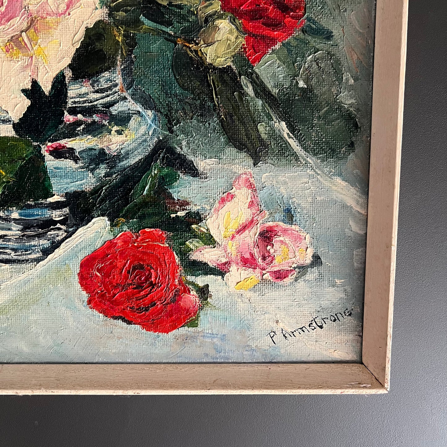 ON SALE was $299 Vintage Oil Painting Still Life Mid Century Roses in Vase