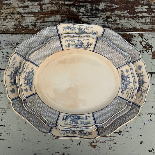 3 Antique Oval Blue & White Platters made by Allertons England ‘Pavillion'
