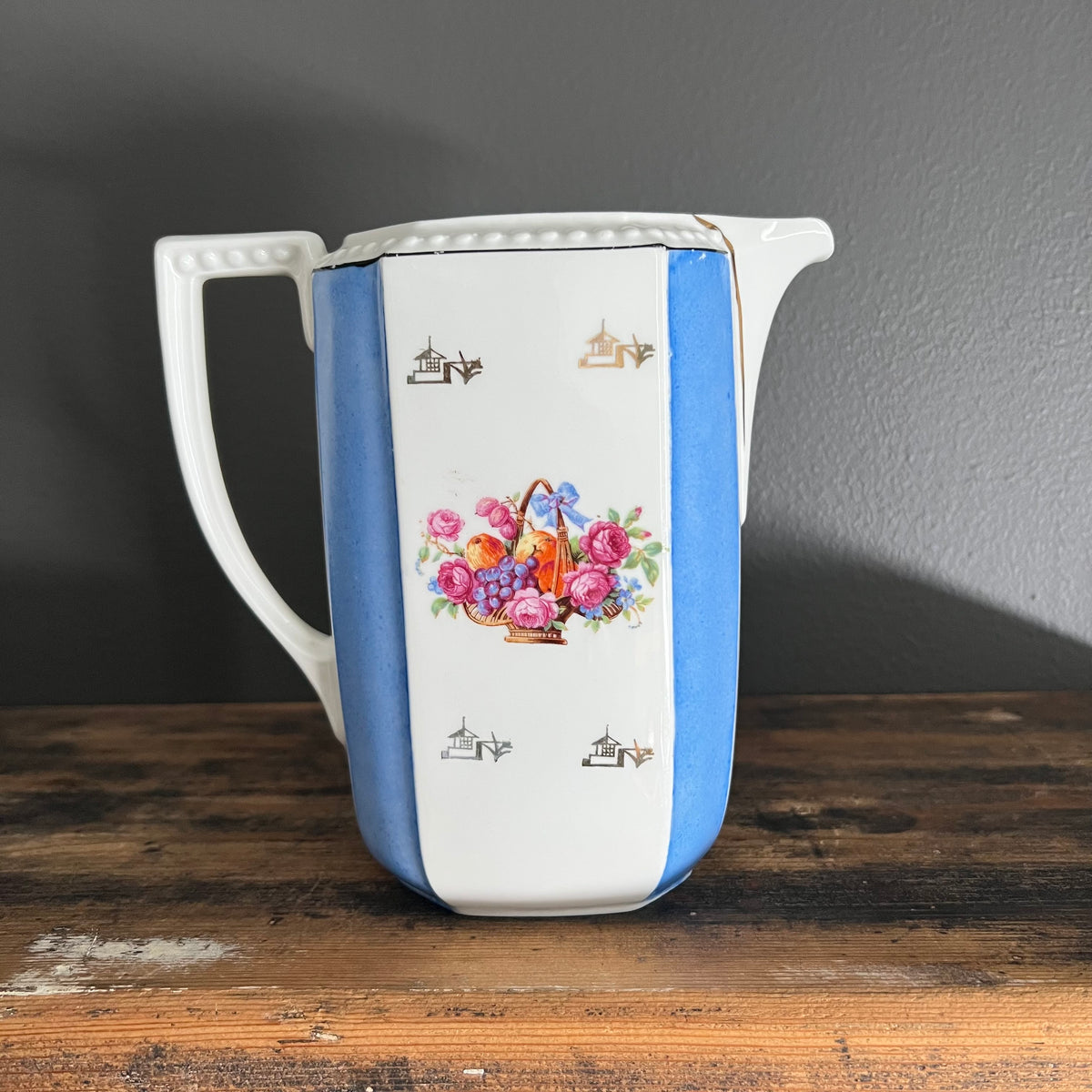 Vintage Floral Basket and Blue Stripe Porcelain Jug Pitcher Bavaria