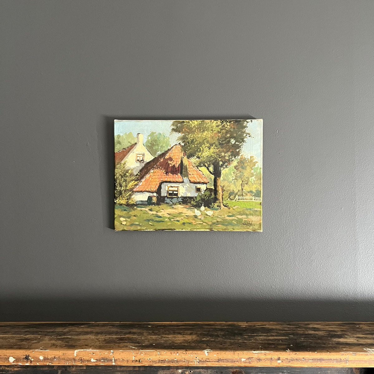 Vintage Original Oil Painting Landscape Cottage with Chickens Dutch