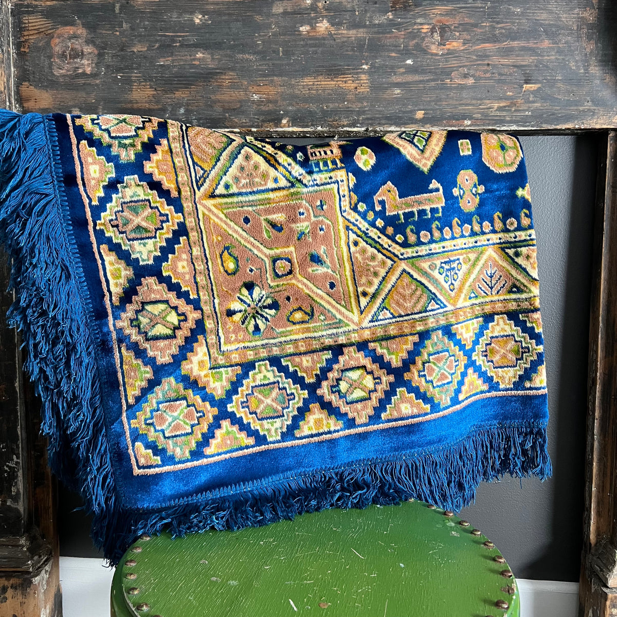 Vintage Velveteen Pattern Throw with Fringe Blue