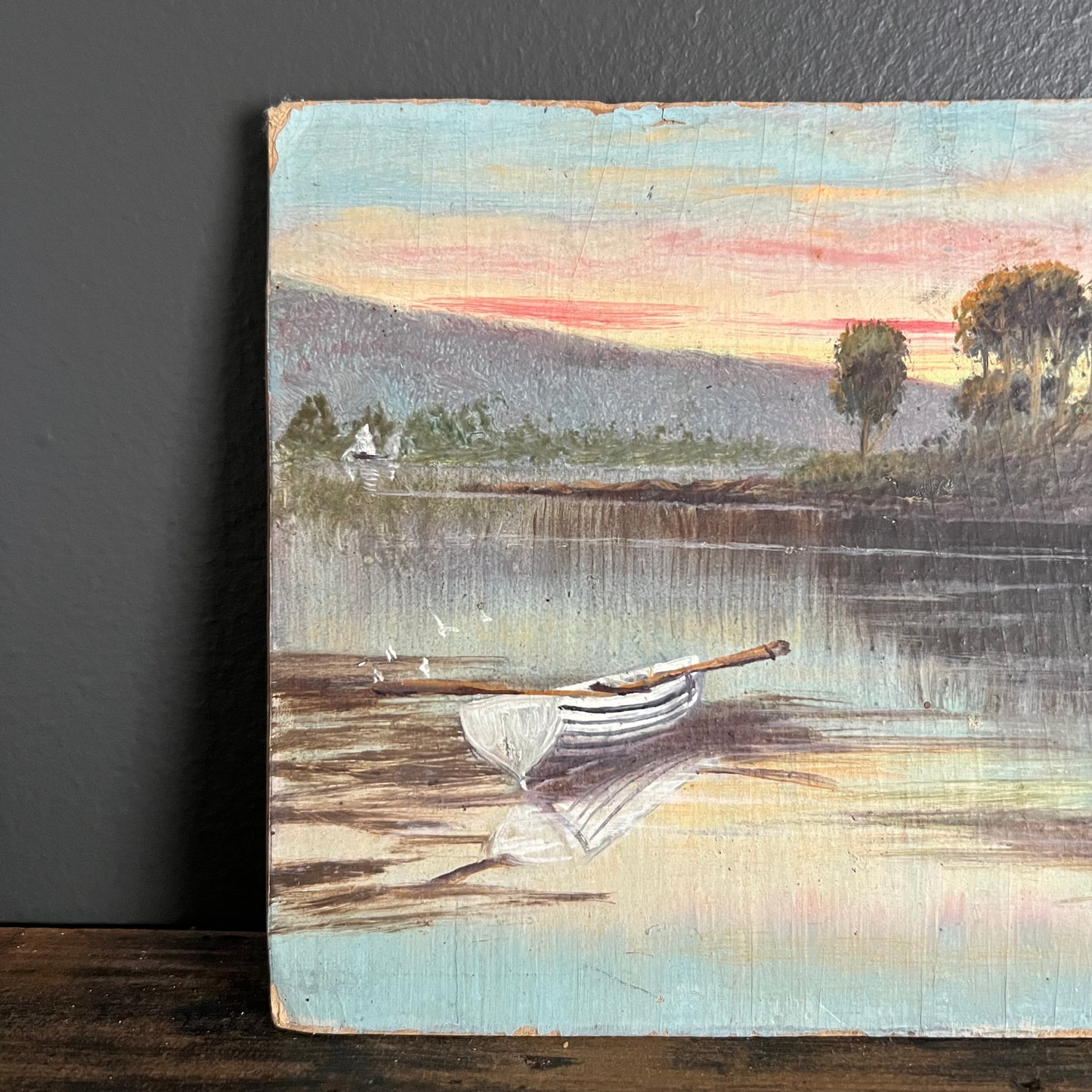 Vintage Oil Painting Landscape River Scene at Sunset