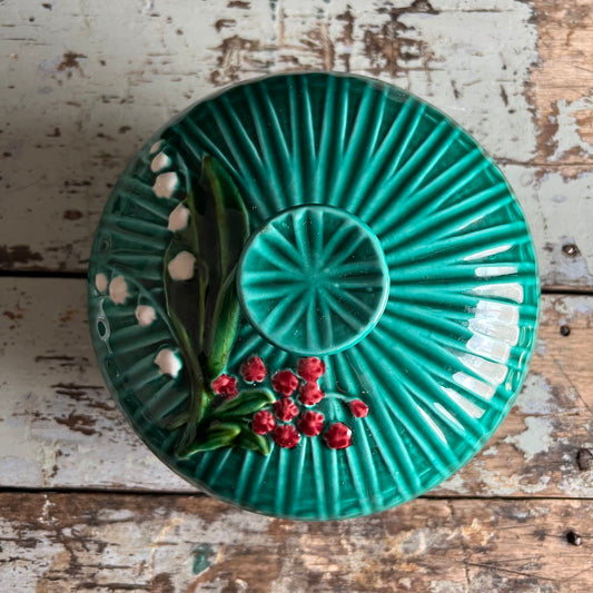 Vintage Majolica Green Covered Dish with Hand painted Lily of the Valley by Marie Louise Germany