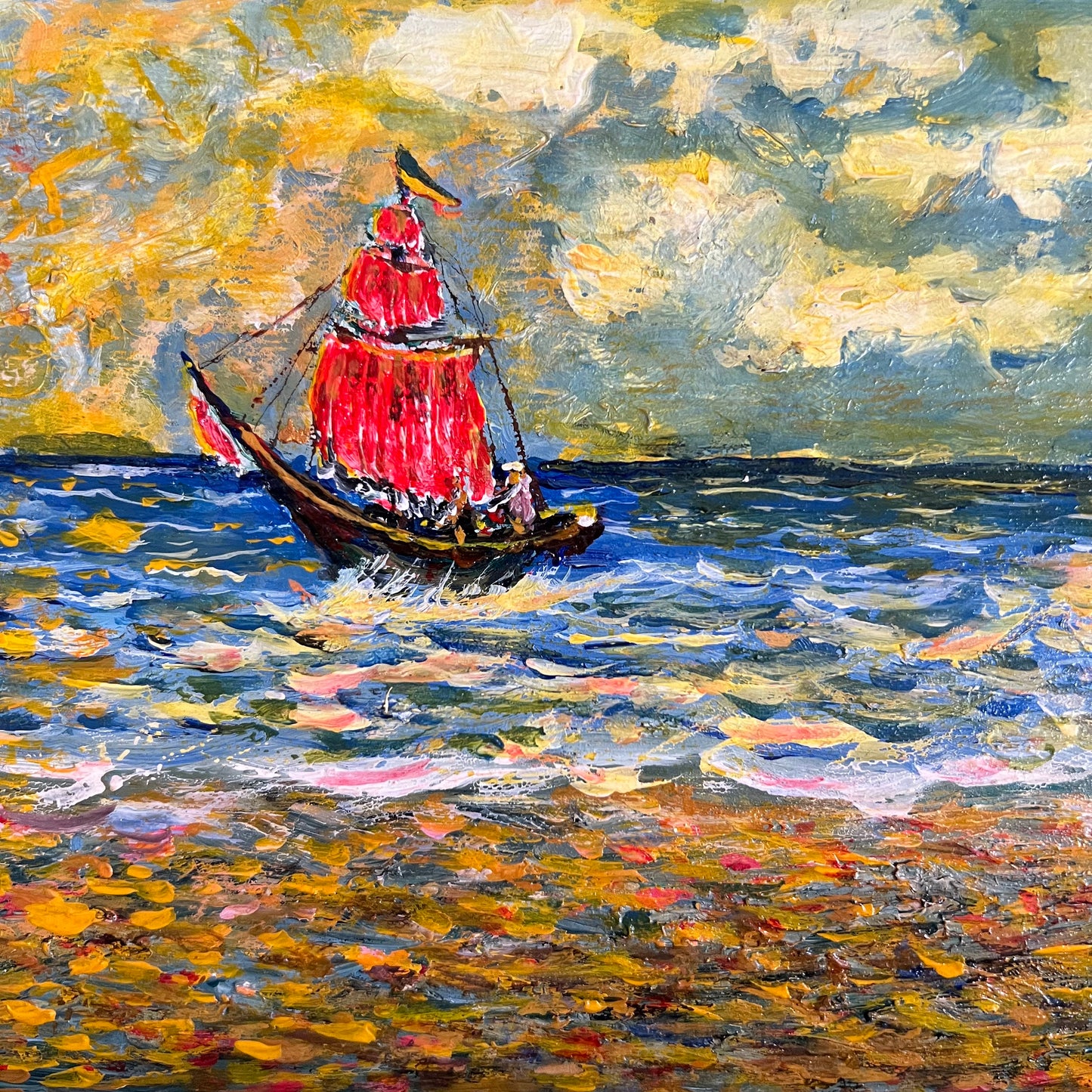 Vintage Painting Impressionist Seascape Sailboat in the Sunshine