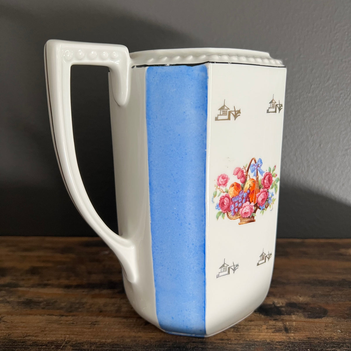 Vintage Floral Basket and Blue Stripe Porcelain Jug Pitcher Bavaria