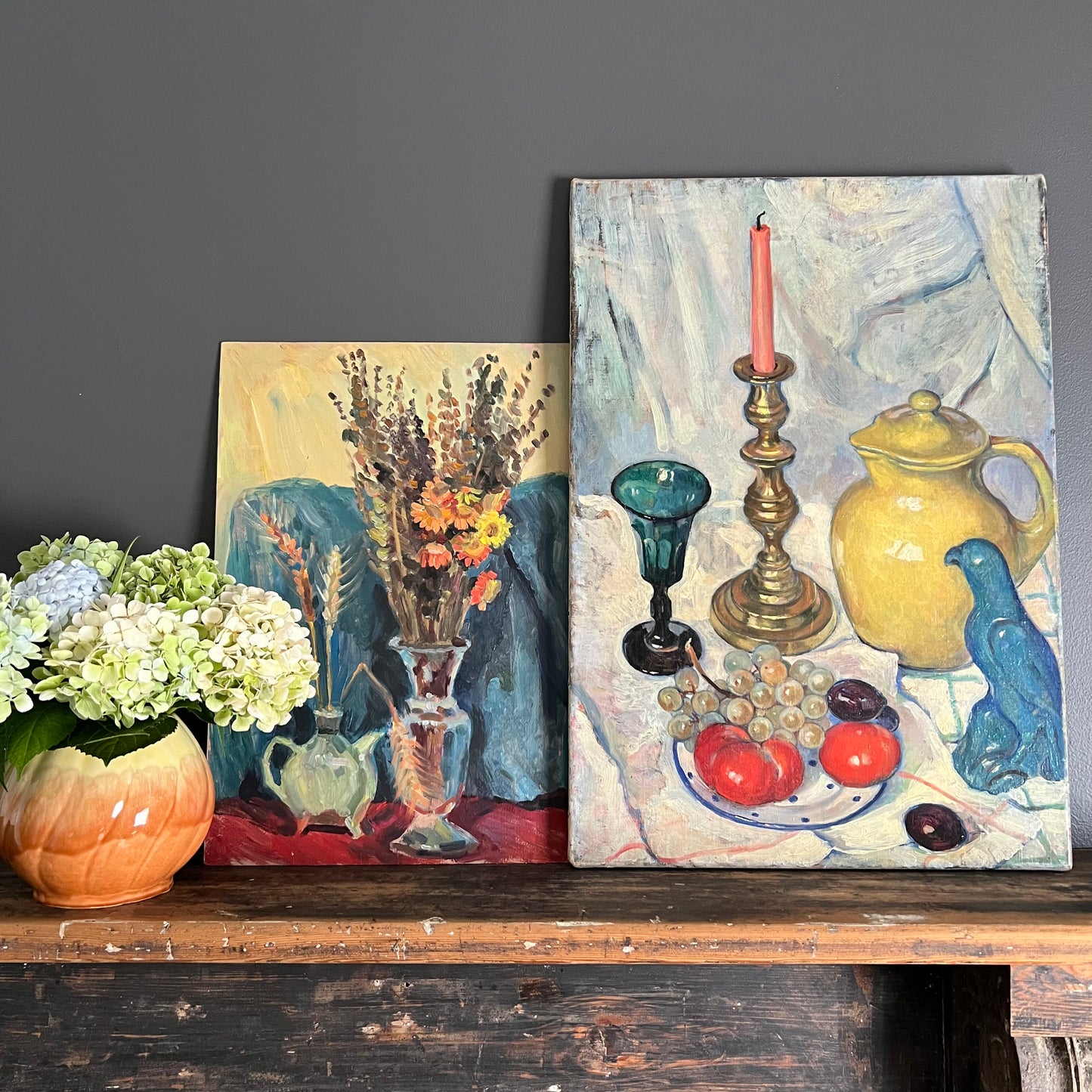 Vintage Painting Still Life Candlestick, Glass and Tomato