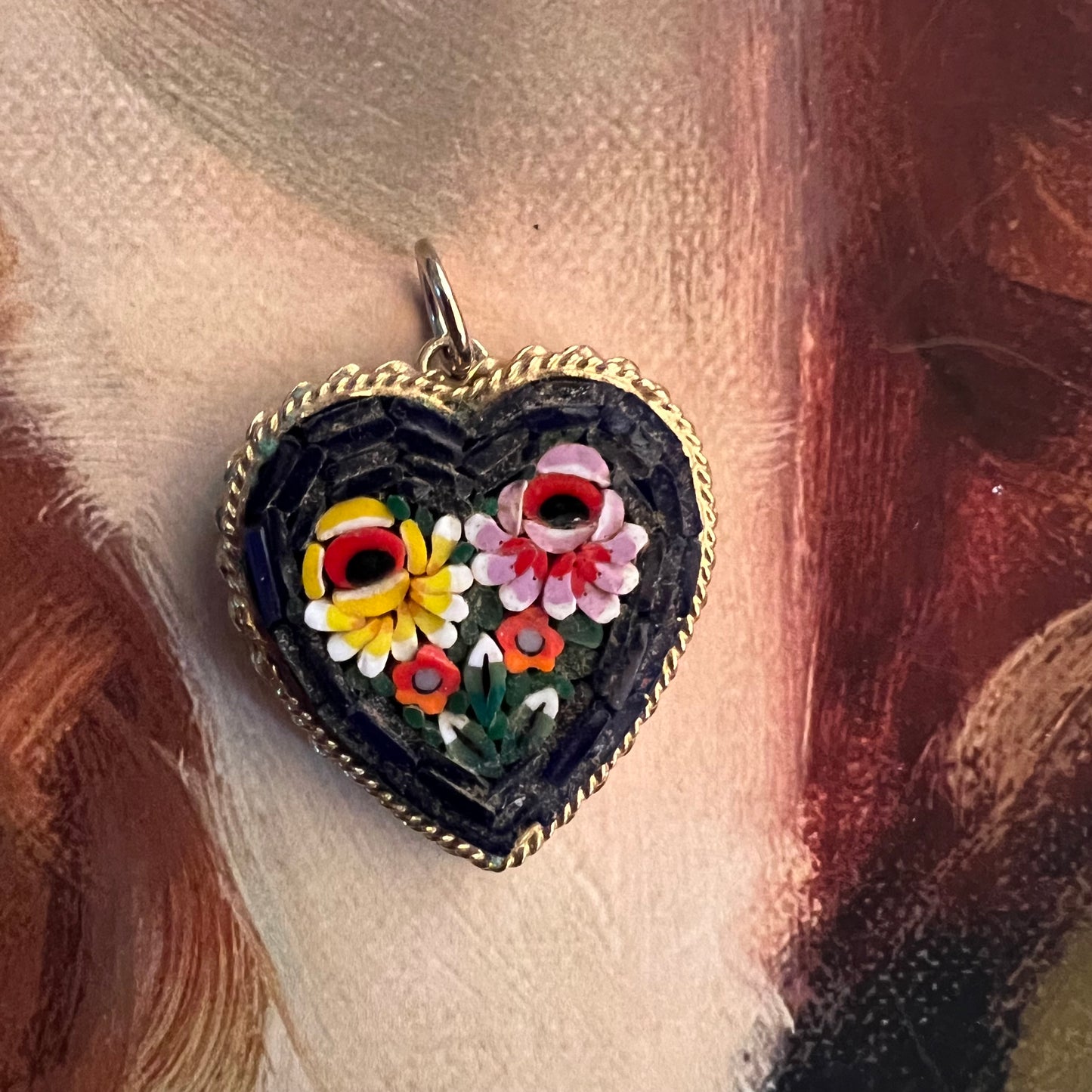 Vintage Micro Mosaic Heart Pendant Roses Italy