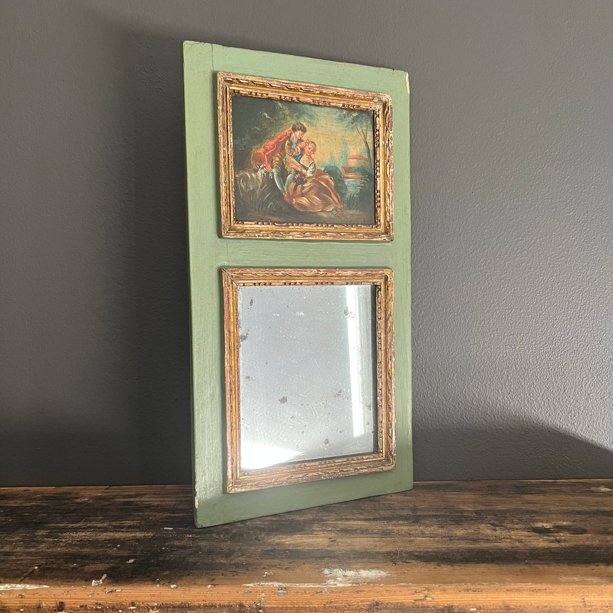 Antique French Trumeau Mirror and Painting 1800’s Courting Couple