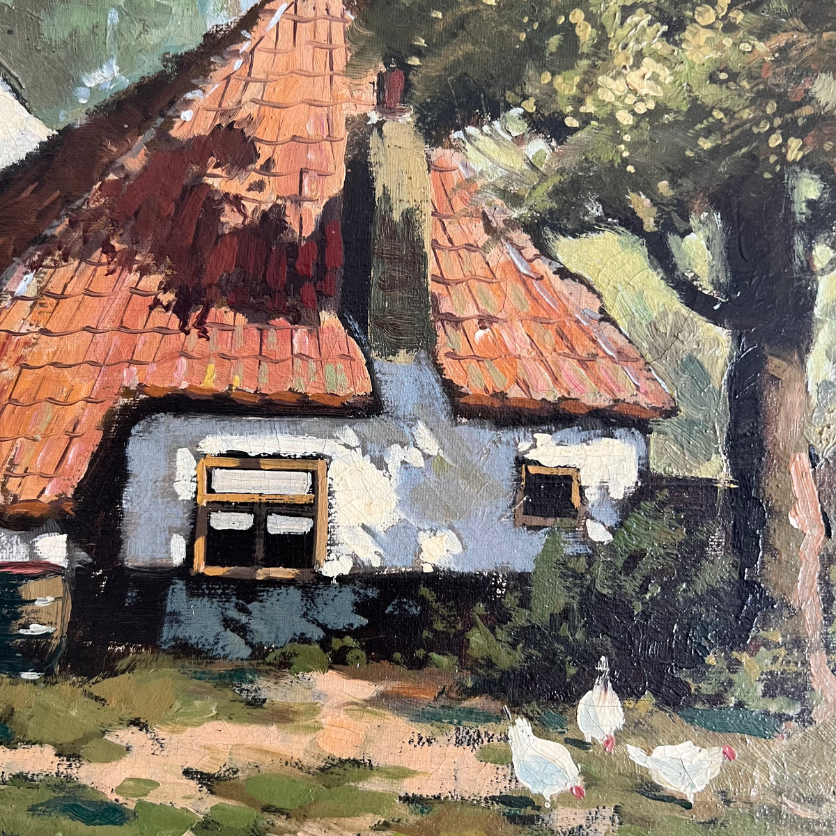 Vintage Original Oil Painting Landscape Cottage with Chickens Dutch