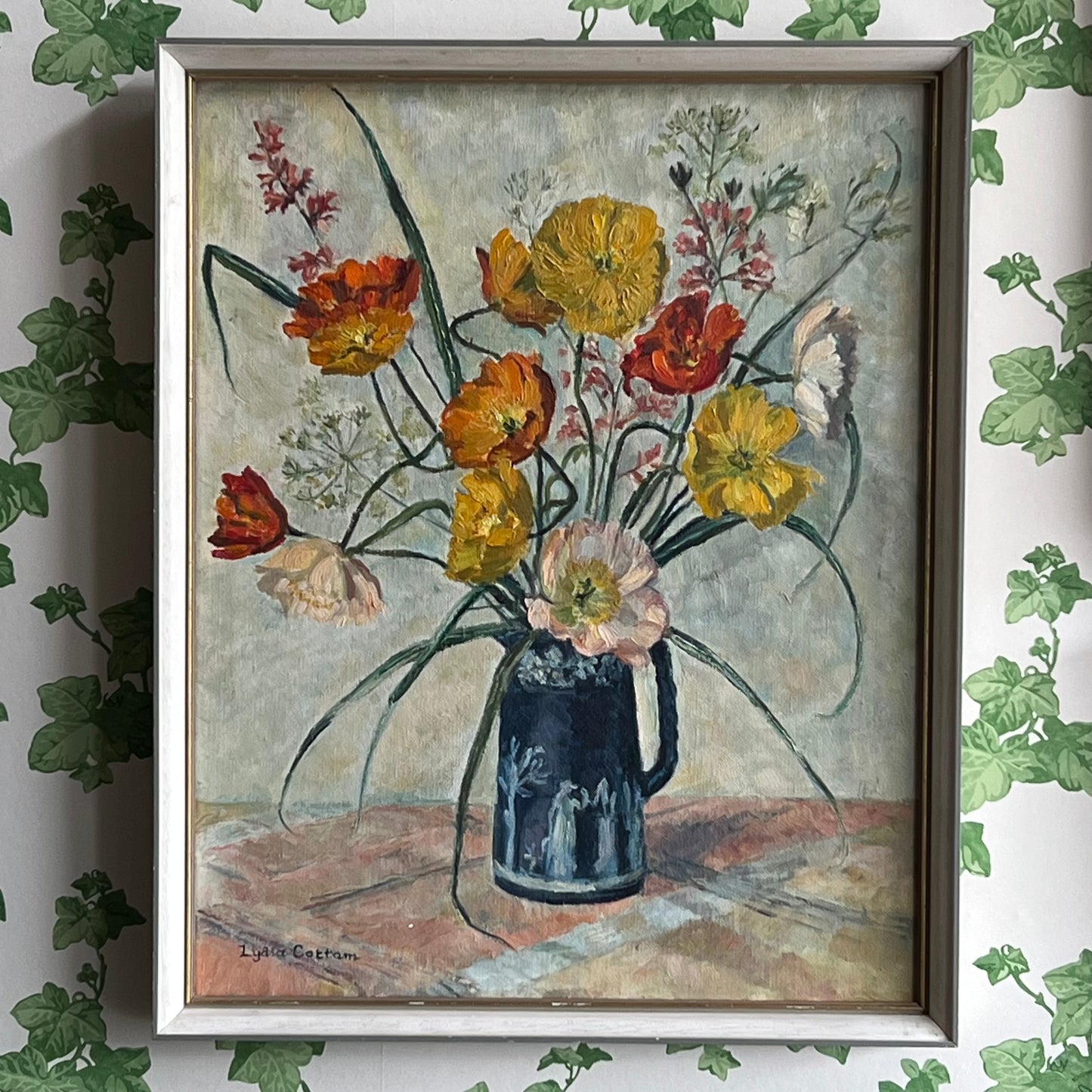 Vintage Oil Painting Still Life Pretty Poppies in Jug