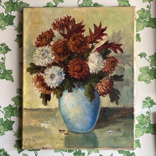 Vintage Oil Painting Dutch Still Life Chrysanthemum Blooms 1948