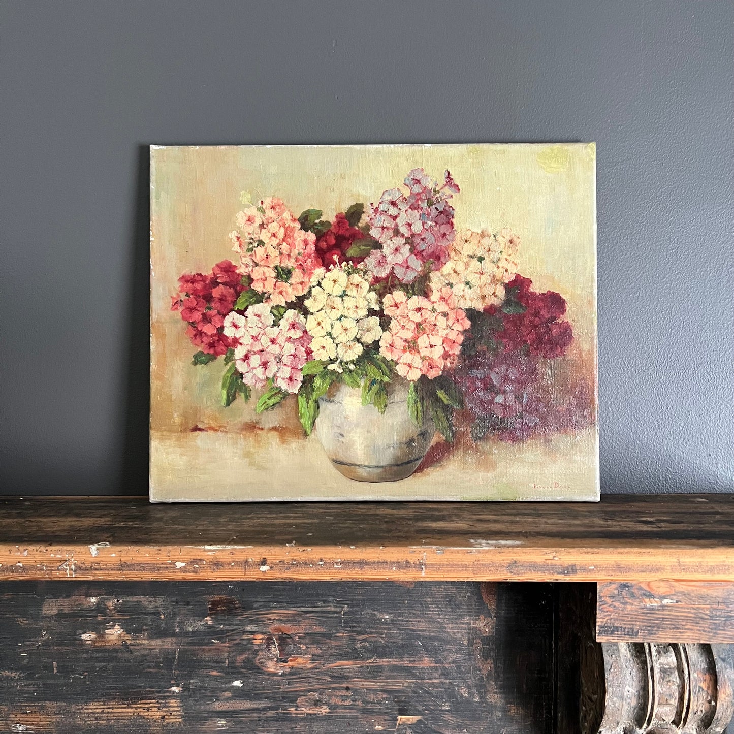 Vintage Oil Painting Still Life Phlox Flowers in Vase Dutch