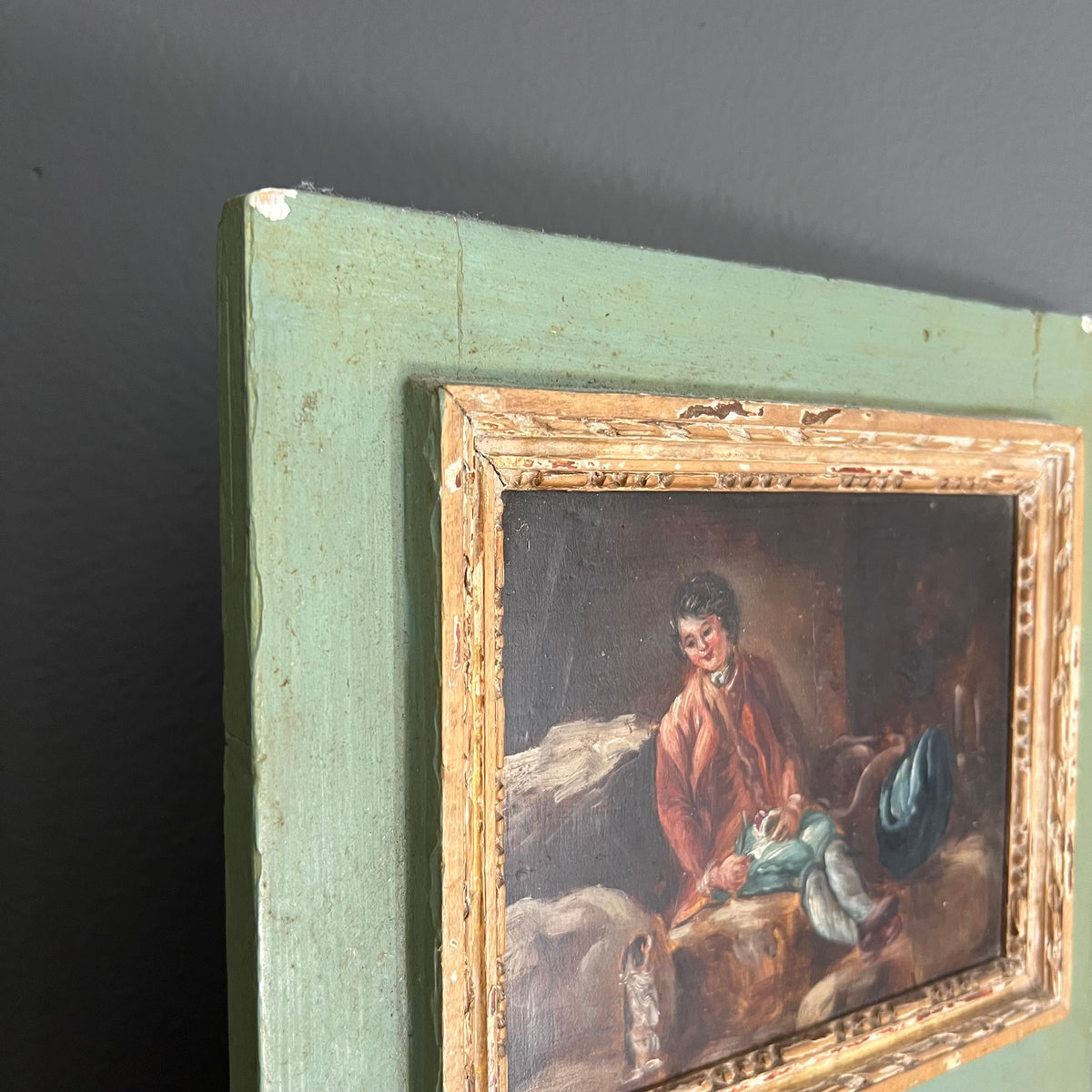 Antique French Trumeau Mirror and Painting 1800’s Boy and Dog