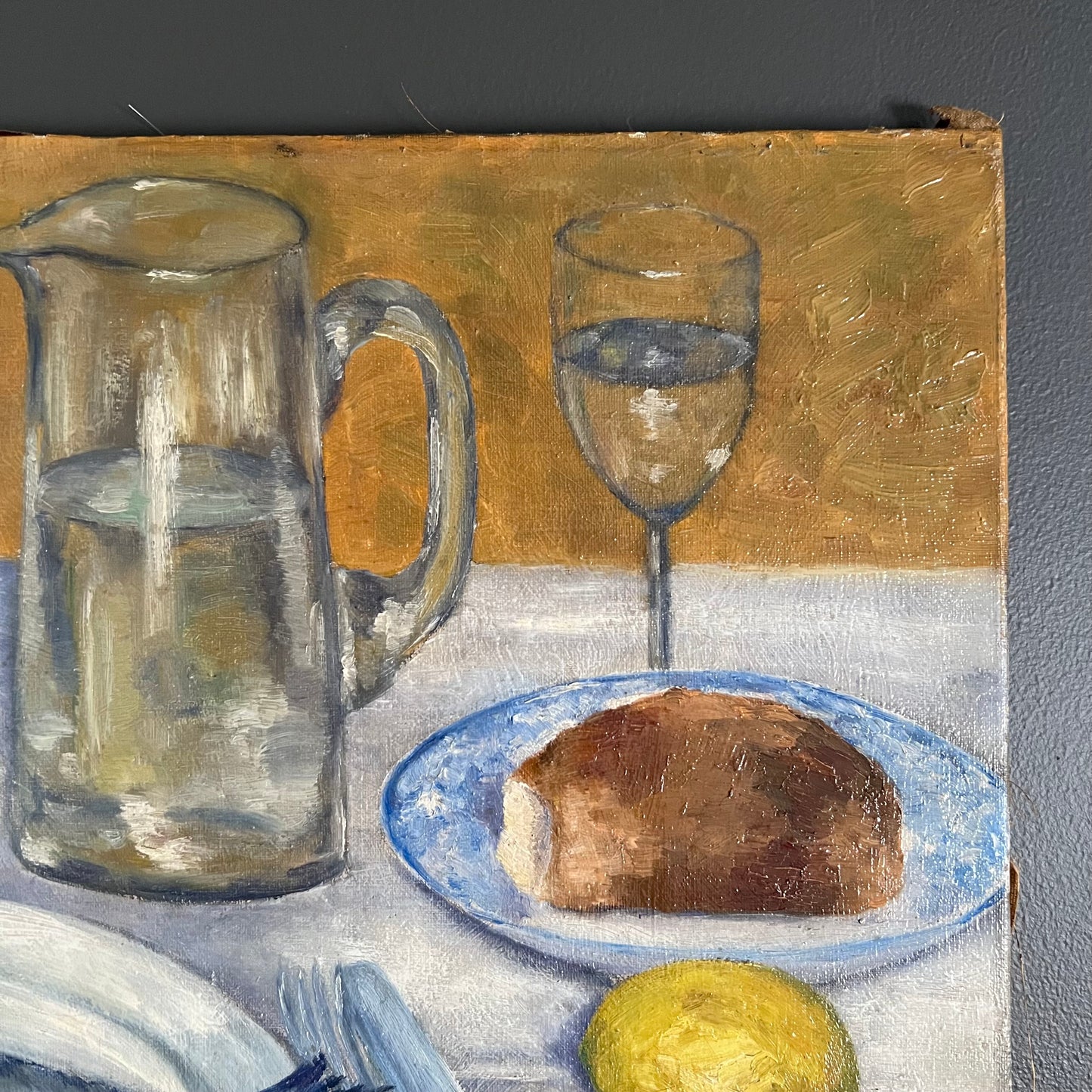 Antique Oil Painting Still Life Tabletop Scene with Fish Dinner France